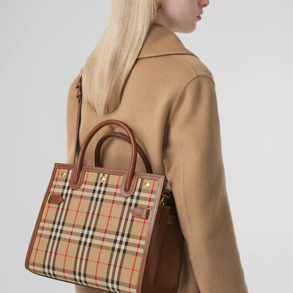 100% Authentic Burberry Small Title bag with Vintage Check Motif & Double Handle